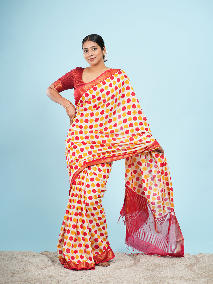 Ivory Vegan Silk polka-dot print saree, full-length drape – Koshnika