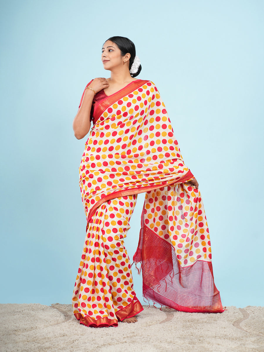 Ivory Vegan Silk polka-dot print saree, pallu detail – Koshnika