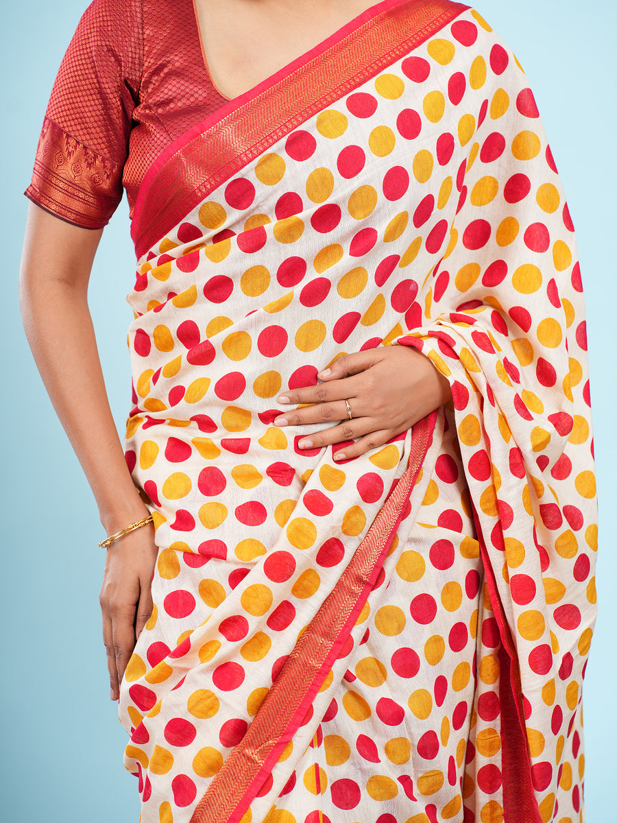 Ivory Vegan Silk polka-dot print saree, viscose fabric texture close-up – Koshnika