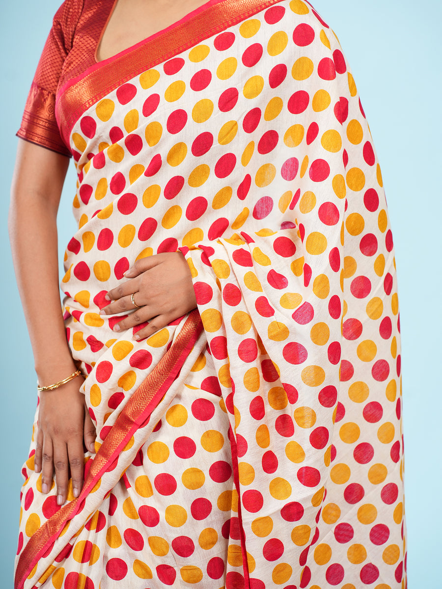 Ivory Vegan Silk polka-dot print saree, styled view – Koshnika