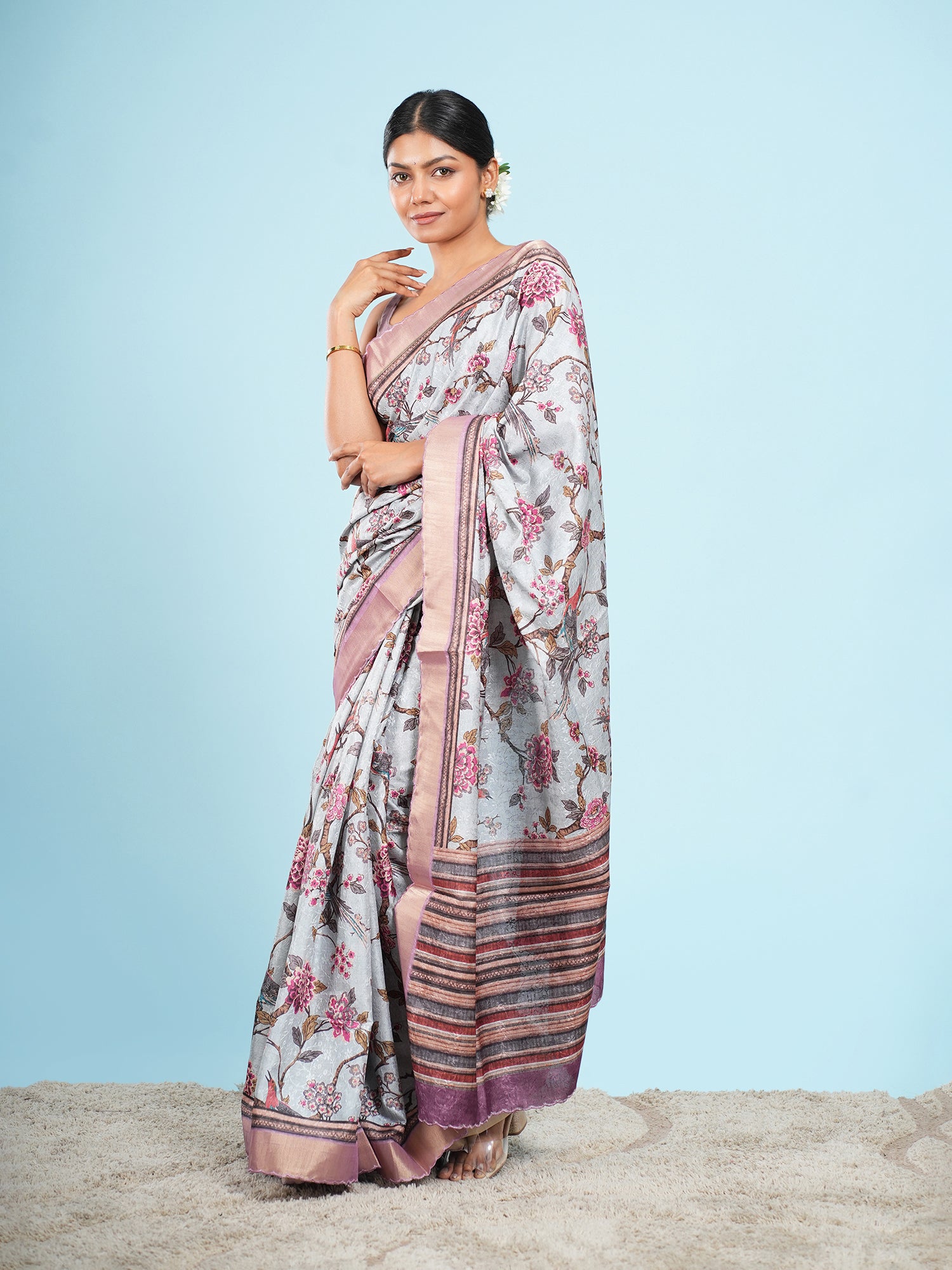 Self Jacquard Floral Saree Sky Blue