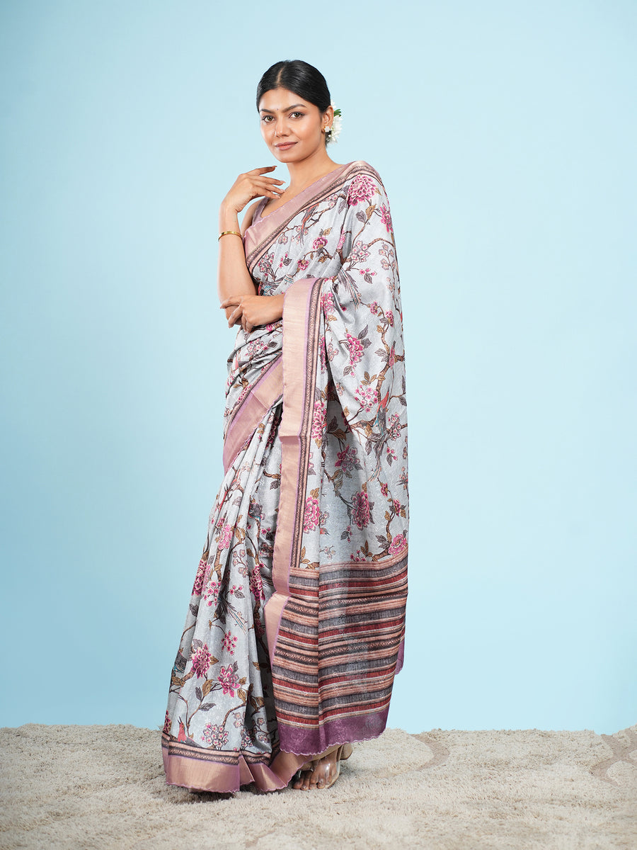 Sky blue floral self-jacquard saree, border detail – Koshnika