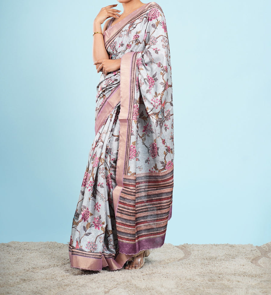 Sky blue floral self-jacquard saree, drape and fall – Koshnika