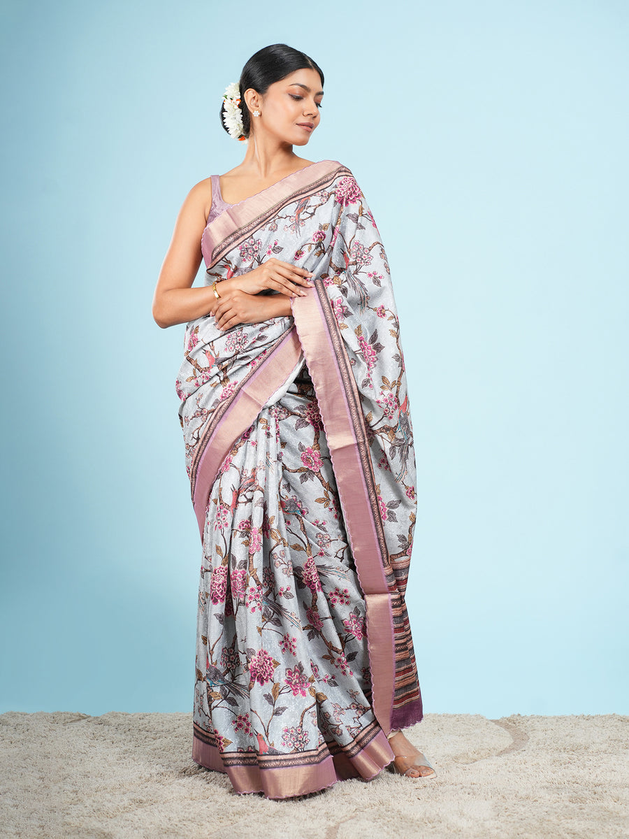Sky blue floral self-jacquard saree, woven jacquard close-up – Koshnika