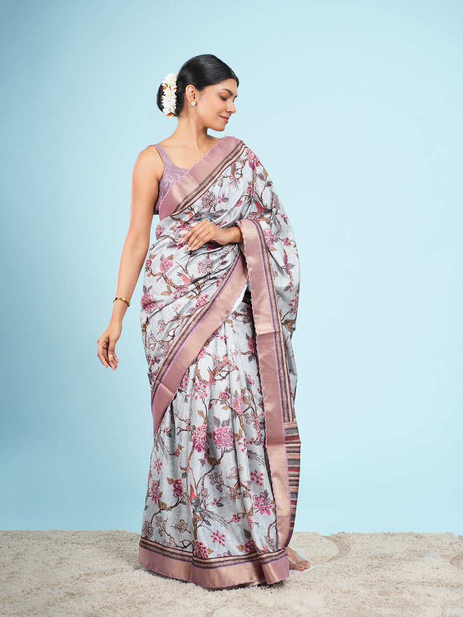 Sky blue floral self-jacquard saree, full-length drape – Koshnika
