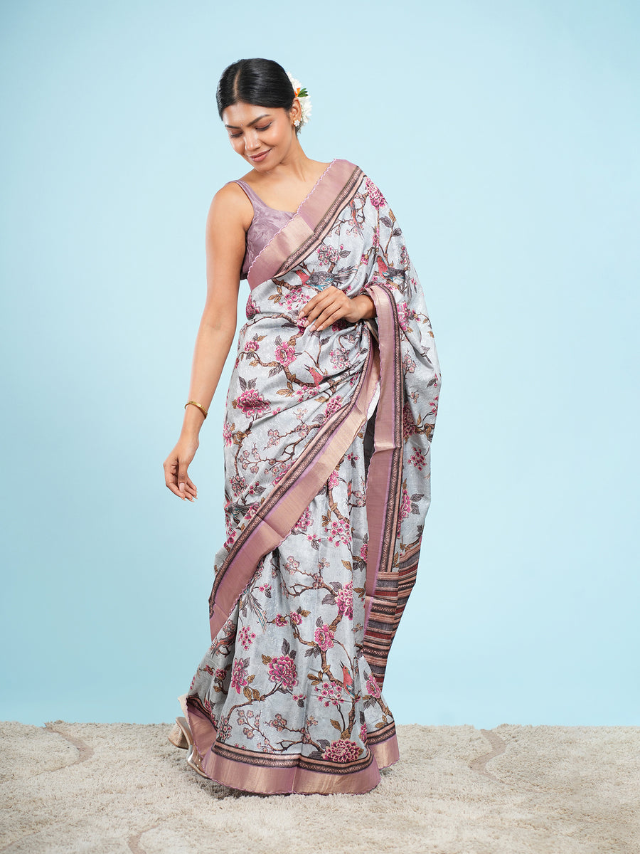 Sky blue floral self-jacquard saree, pallu detail – Koshnika