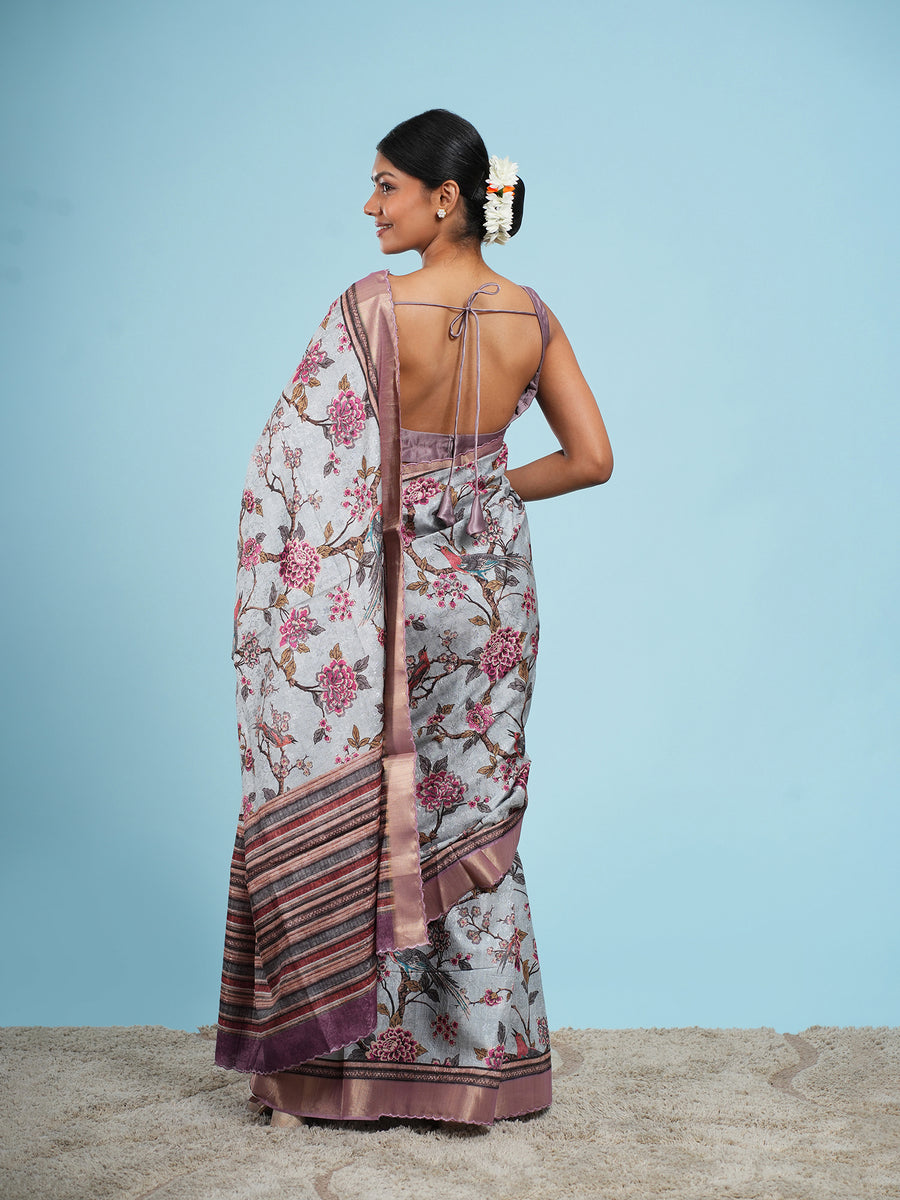 Sky blue floral self-jacquard saree, fabric texture close-up – Koshnika