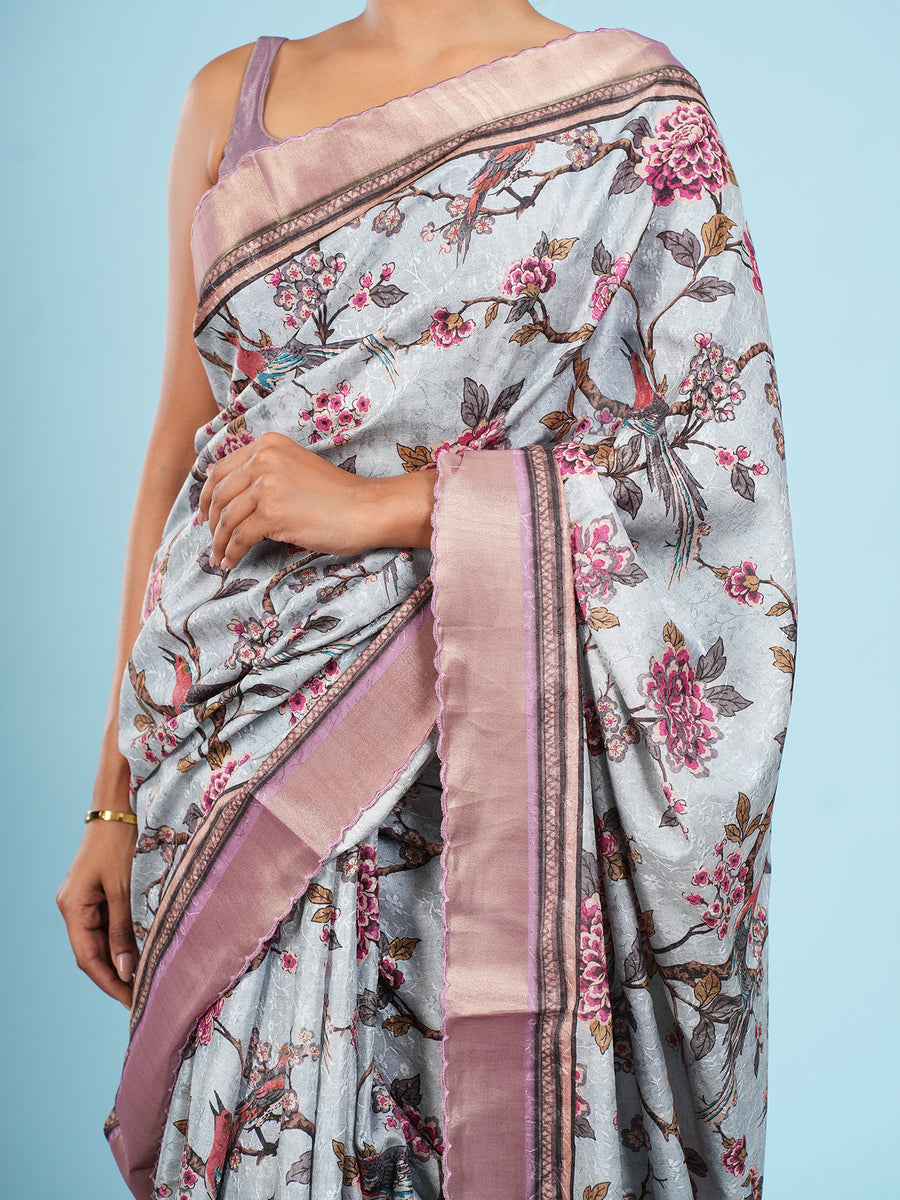 Sky blue floral self-jacquard saree, styled view – Koshnika