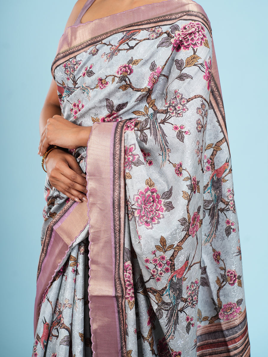 Sky blue floral self-jacquard saree, back view – Koshnika