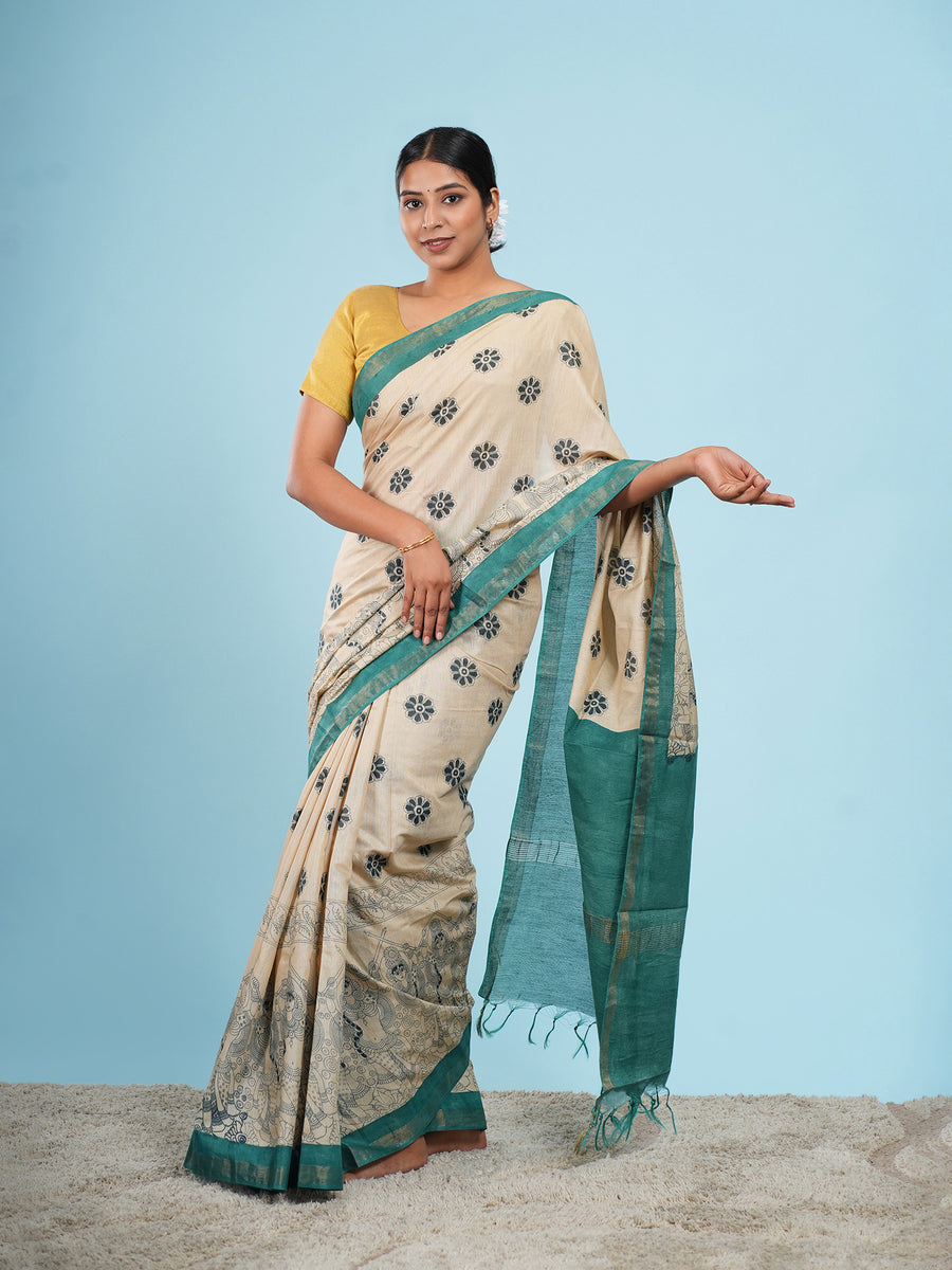 Ivory Vegan Silk Kalamkari-print saree – Koshnika