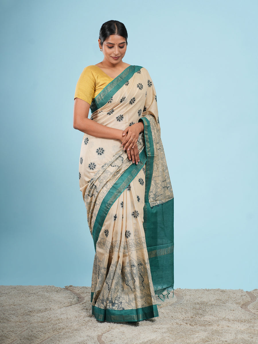 Ivory Vegan Silk Kalamkari-print saree, border detail – Koshnika