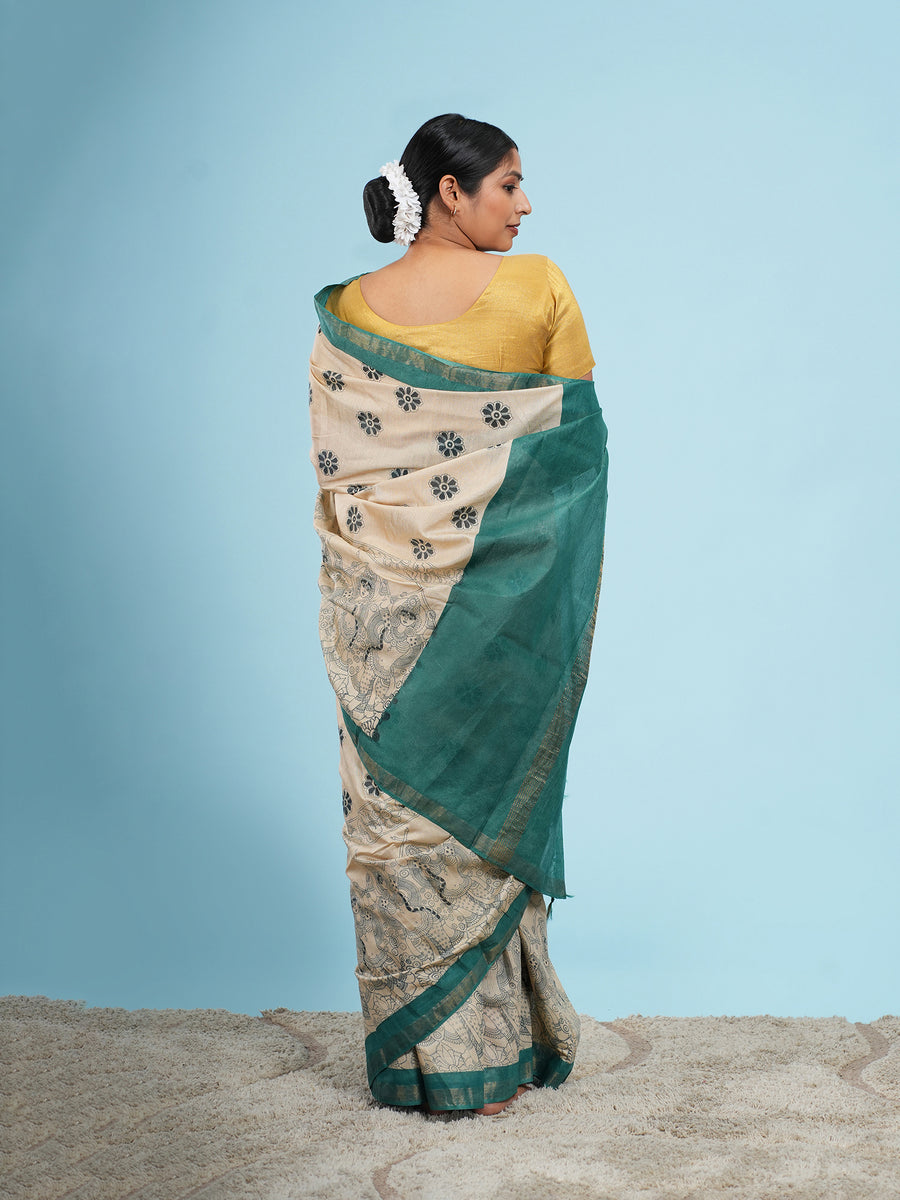 Ivory Vegan Silk Kalamkari-print saree, drape and fall – Koshnika