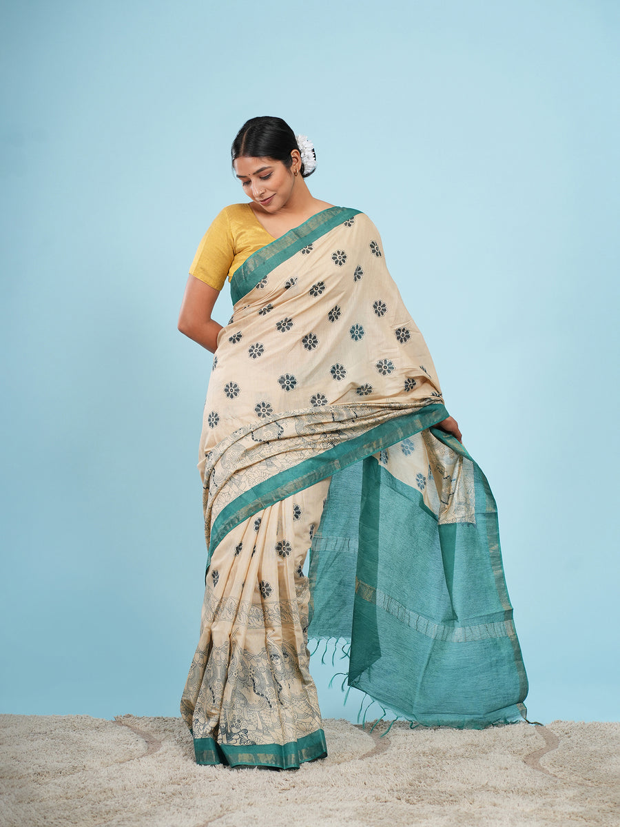 Ivory Vegan Silk Kalamkari-print saree, fine line-art motif close-up – Koshnika