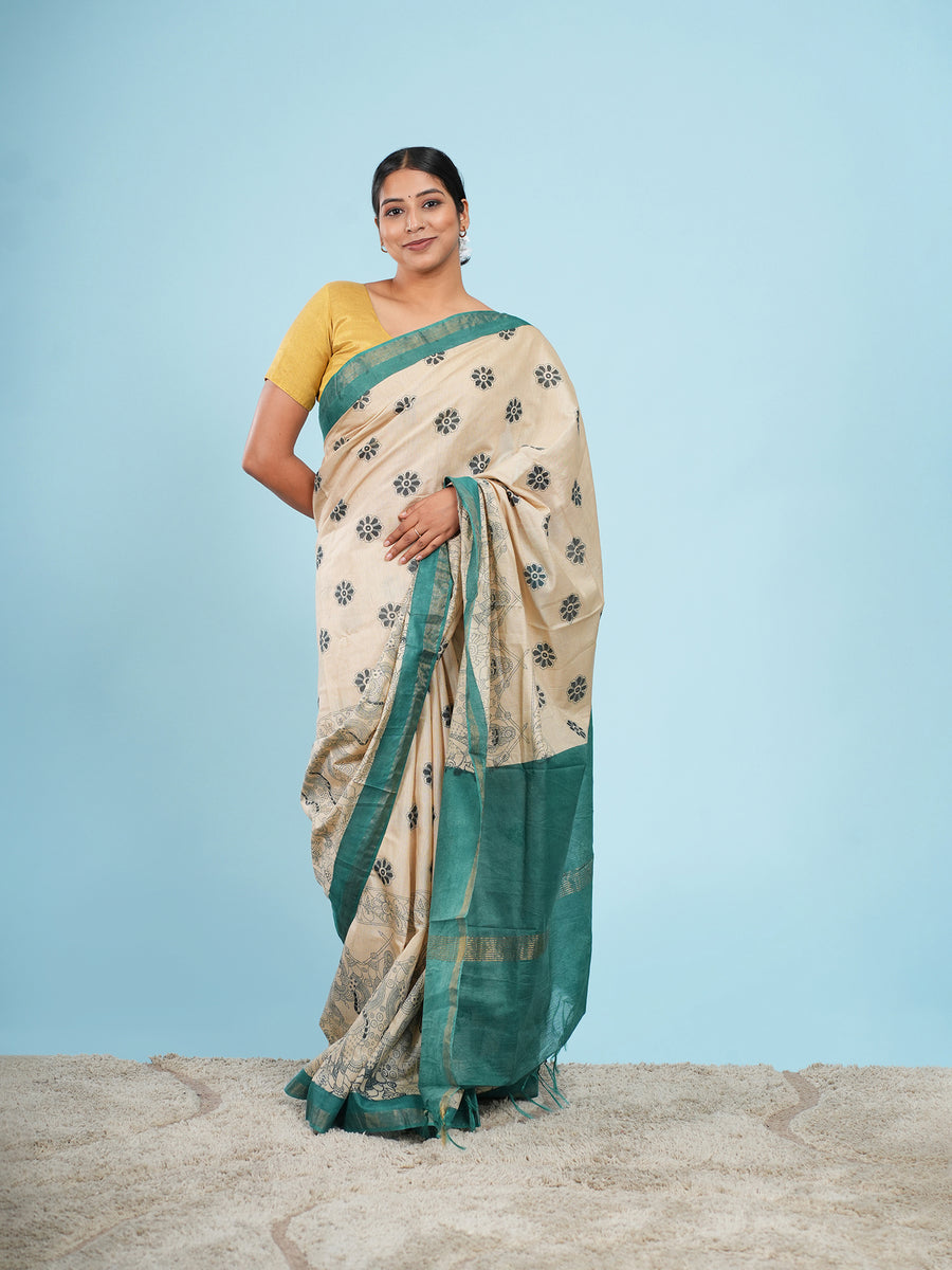 Ivory Vegan Silk Kalamkari-print saree, full-length drape – Koshnika
