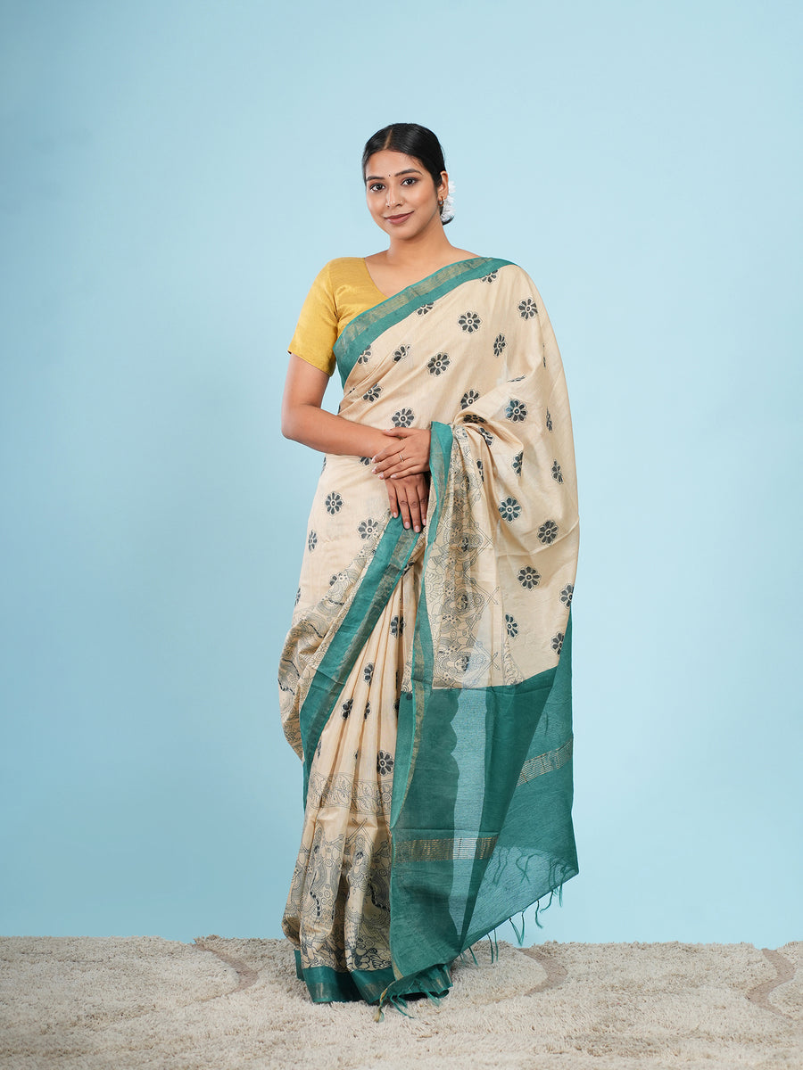 Ivory Vegan Silk Kalamkari-print saree, pallu detail – Koshnika
