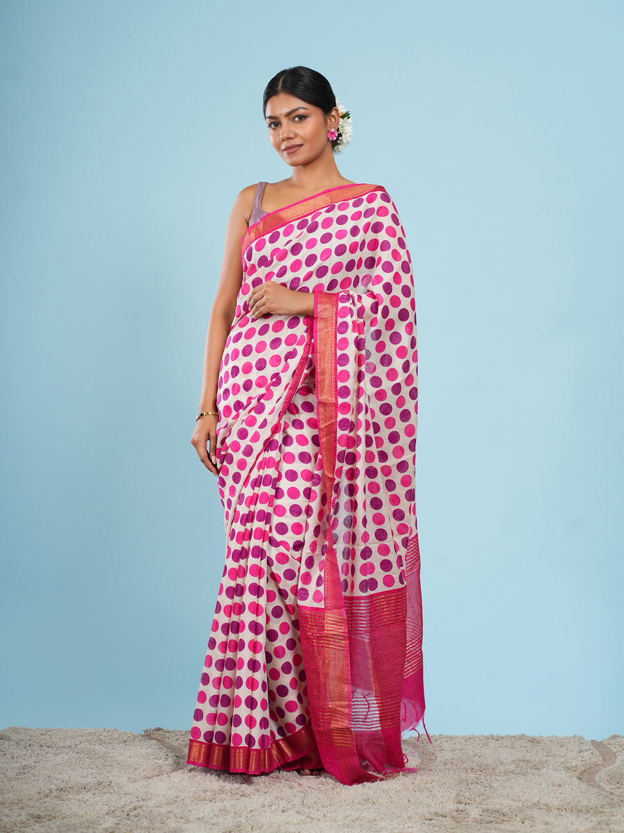 Rose pink Vegan Silk polka-dot print saree – Koshnika