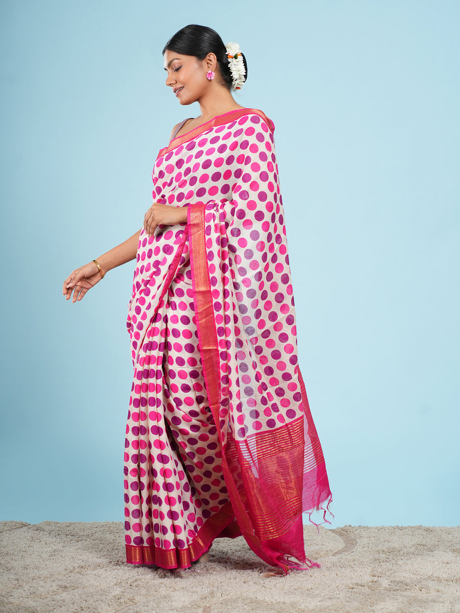 Rose pink Vegan Silk polka-dot print saree, border detail – Koshnika