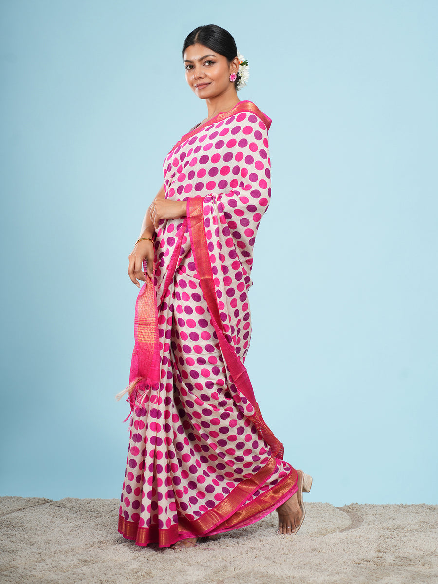 Rose pink Vegan Silk polka-dot print saree, drape and fall – Koshnika