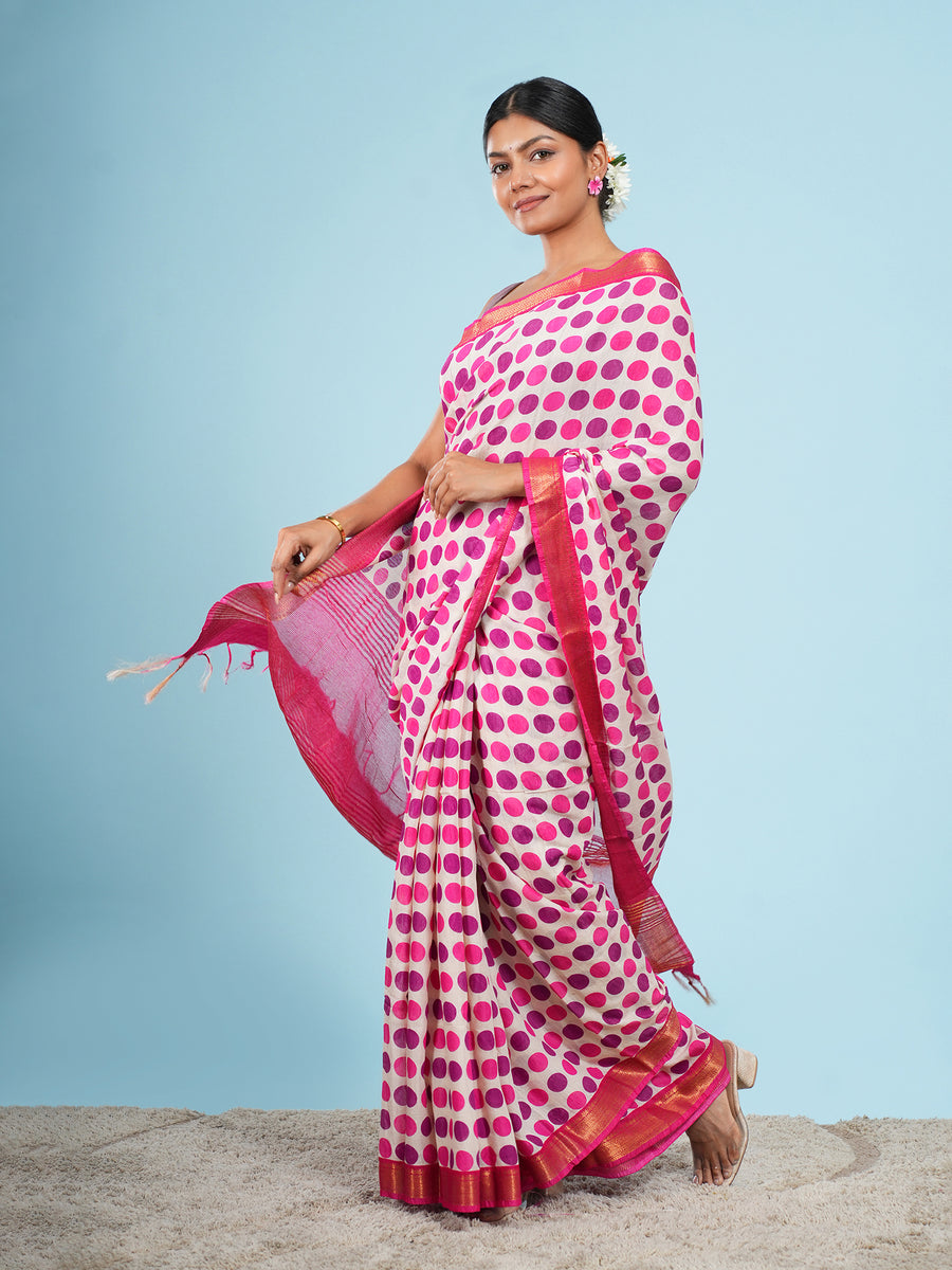 Rose pink Vegan Silk polka-dot print saree, dot pattern close-up – Koshnika