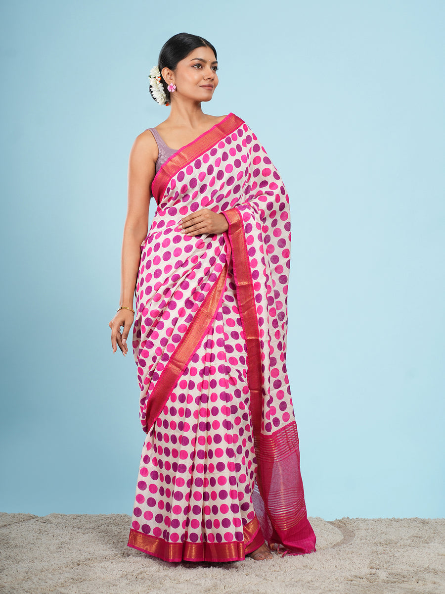 Rose pink Vegan Silk polka-dot print saree, full-length drape – Koshnika