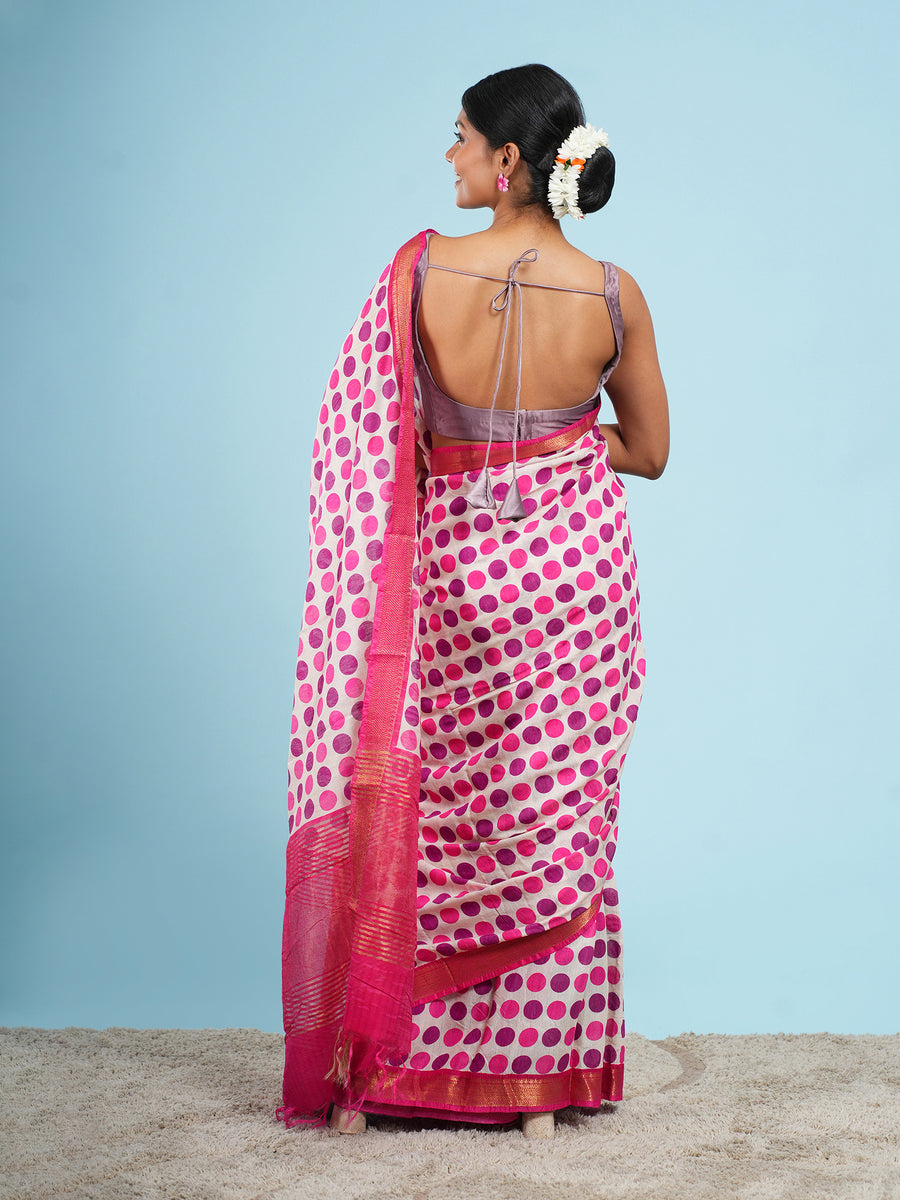 Rose pink Vegan Silk polka-dot print saree, pallu detail – Koshnika