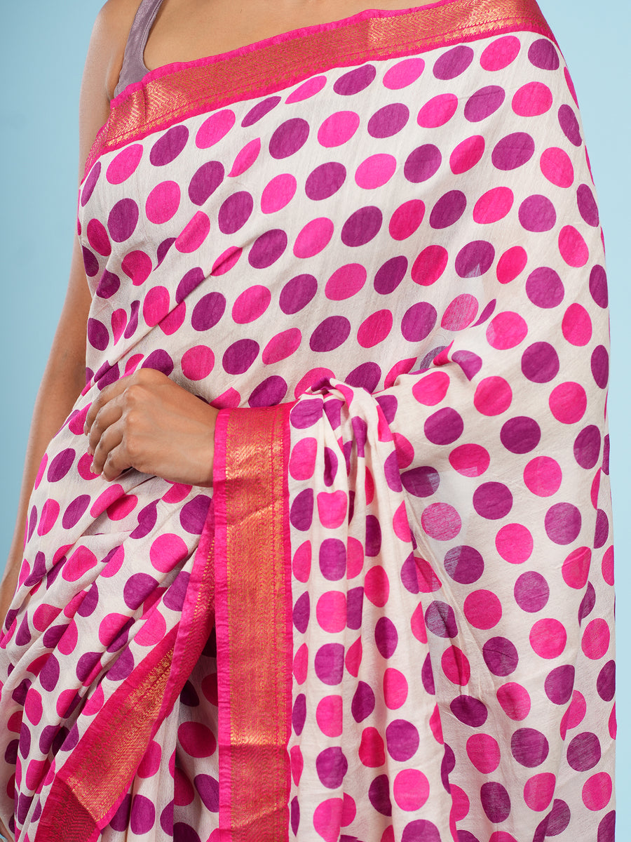 Rose pink Vegan Silk polka-dot print saree, viscose fabric texture close-up – Koshnika