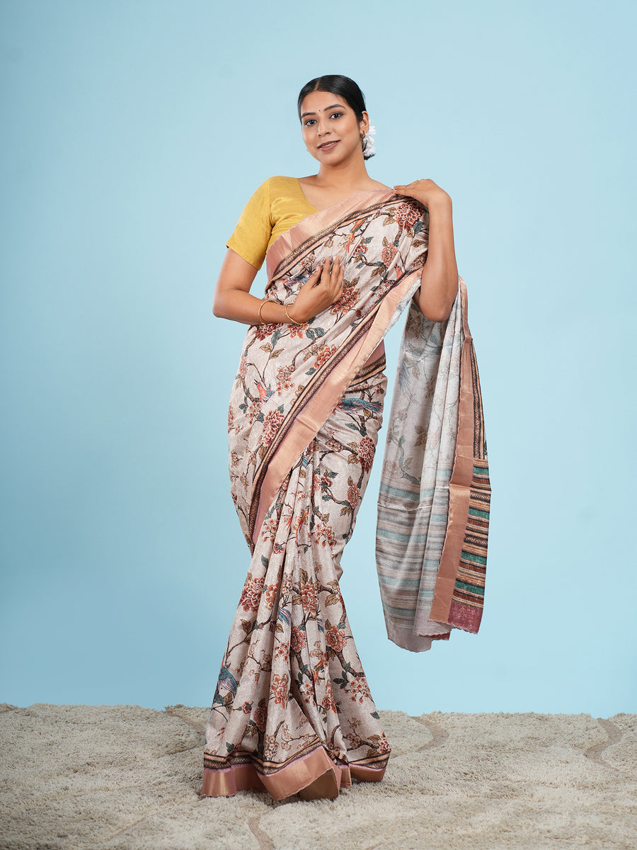 Soft beige floral self-jacquard saree – Koshnika