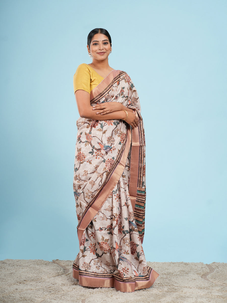 Soft beige floral self-jacquard saree, border detail – Koshnika
