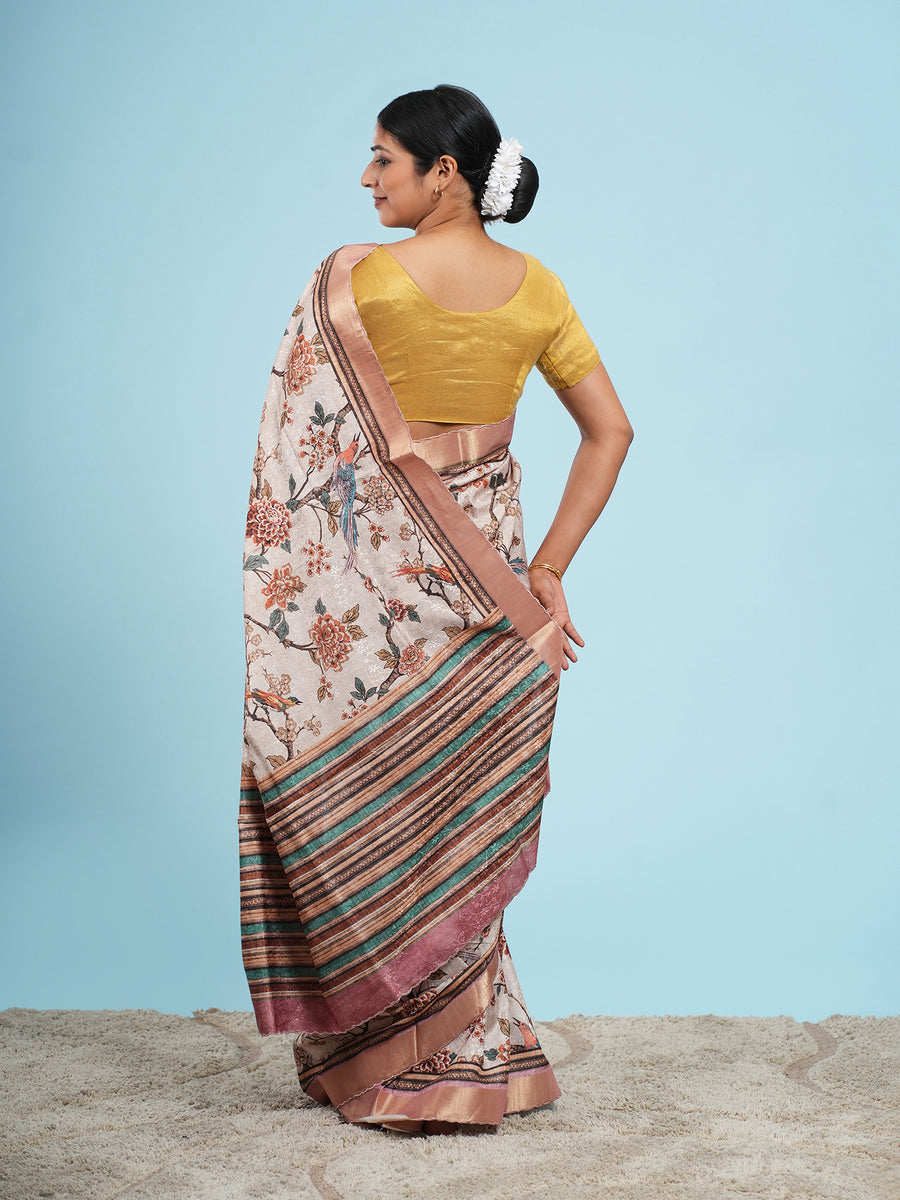 Soft beige floral self-jacquard saree, drape and fall – Koshnika