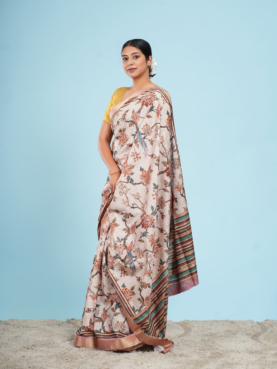 Soft beige floral self-jacquard saree, full-length drape – Koshnika