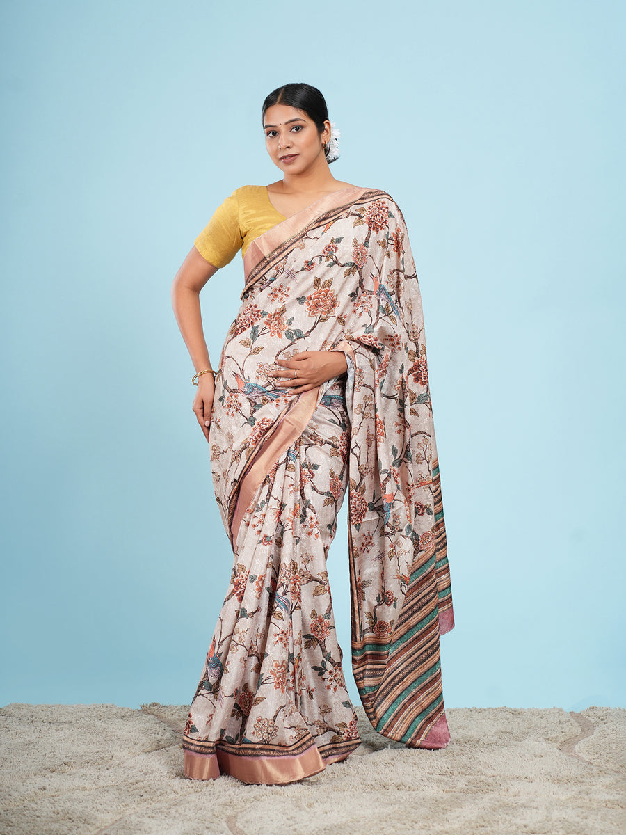 Soft beige floral self-jacquard saree, pallu detail – Koshnika