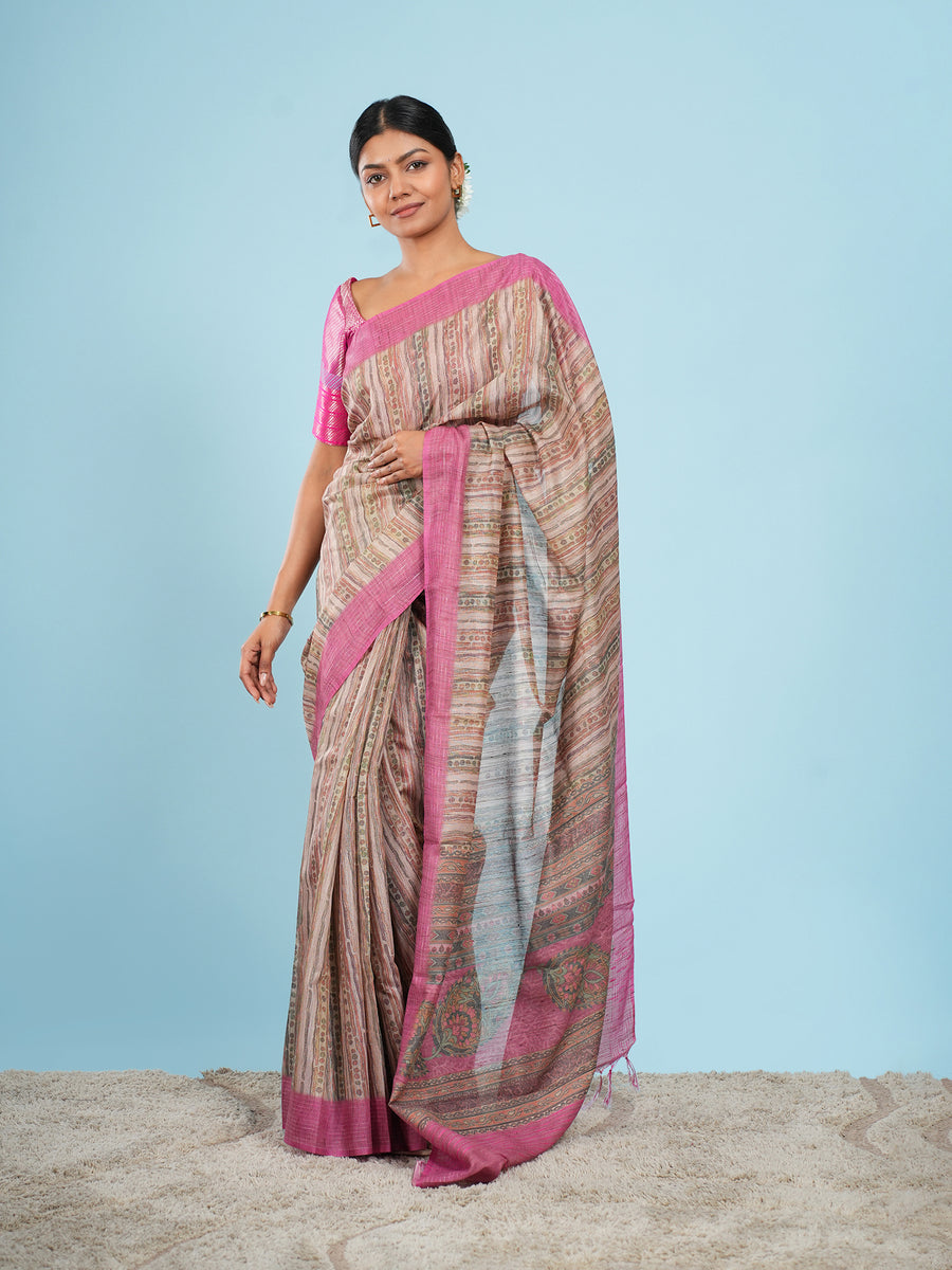 Blush striped bamboo tissue silk saree – Koshnika