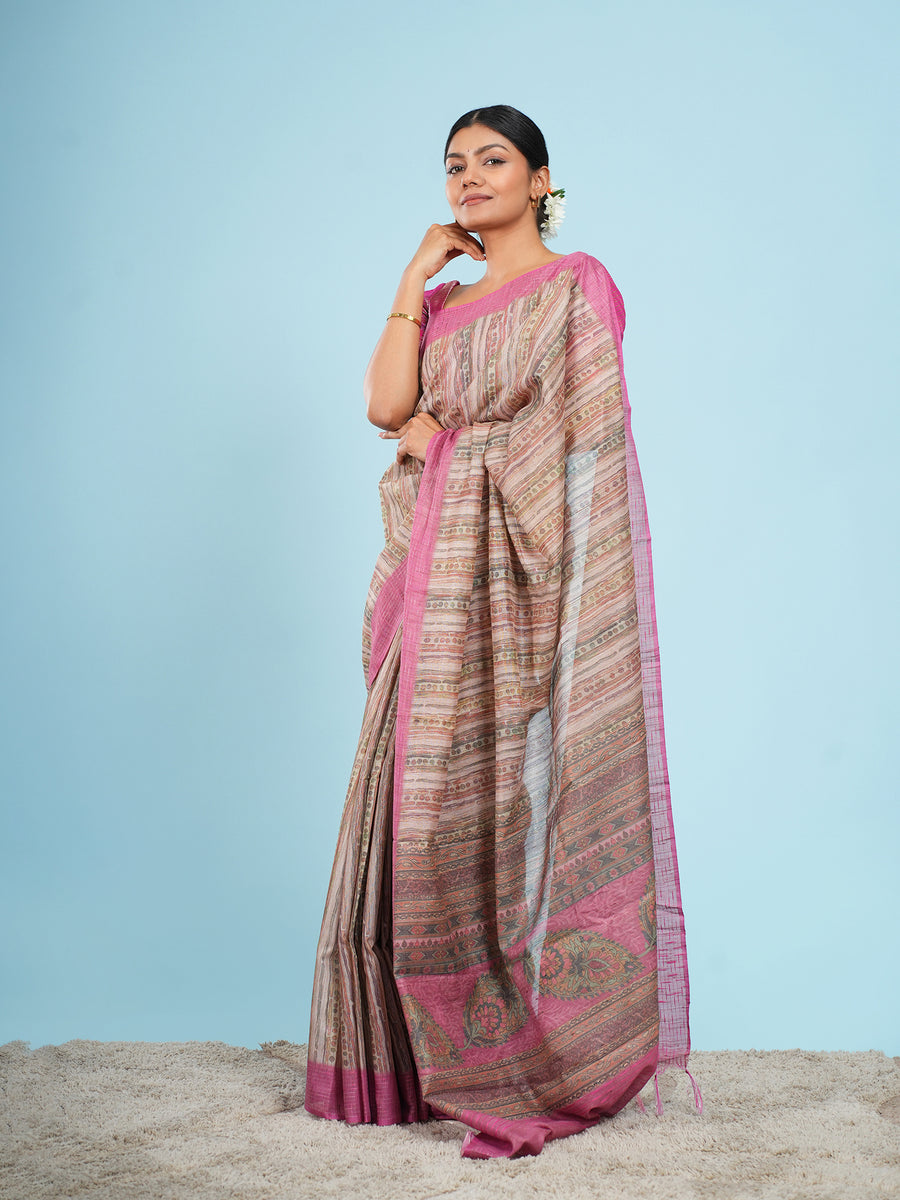 Blush striped bamboo tissue silk saree, border detail – Koshnika