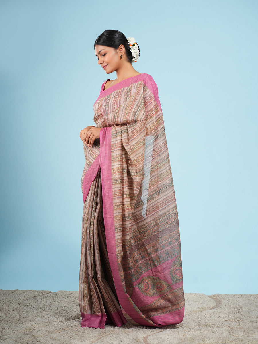 Blush striped bamboo tissue silk saree, drape and fall – Koshnika
