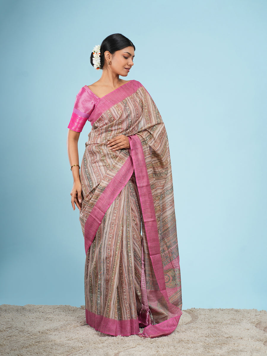 Blush striped bamboo tissue silk saree, stripe detail – Koshnika