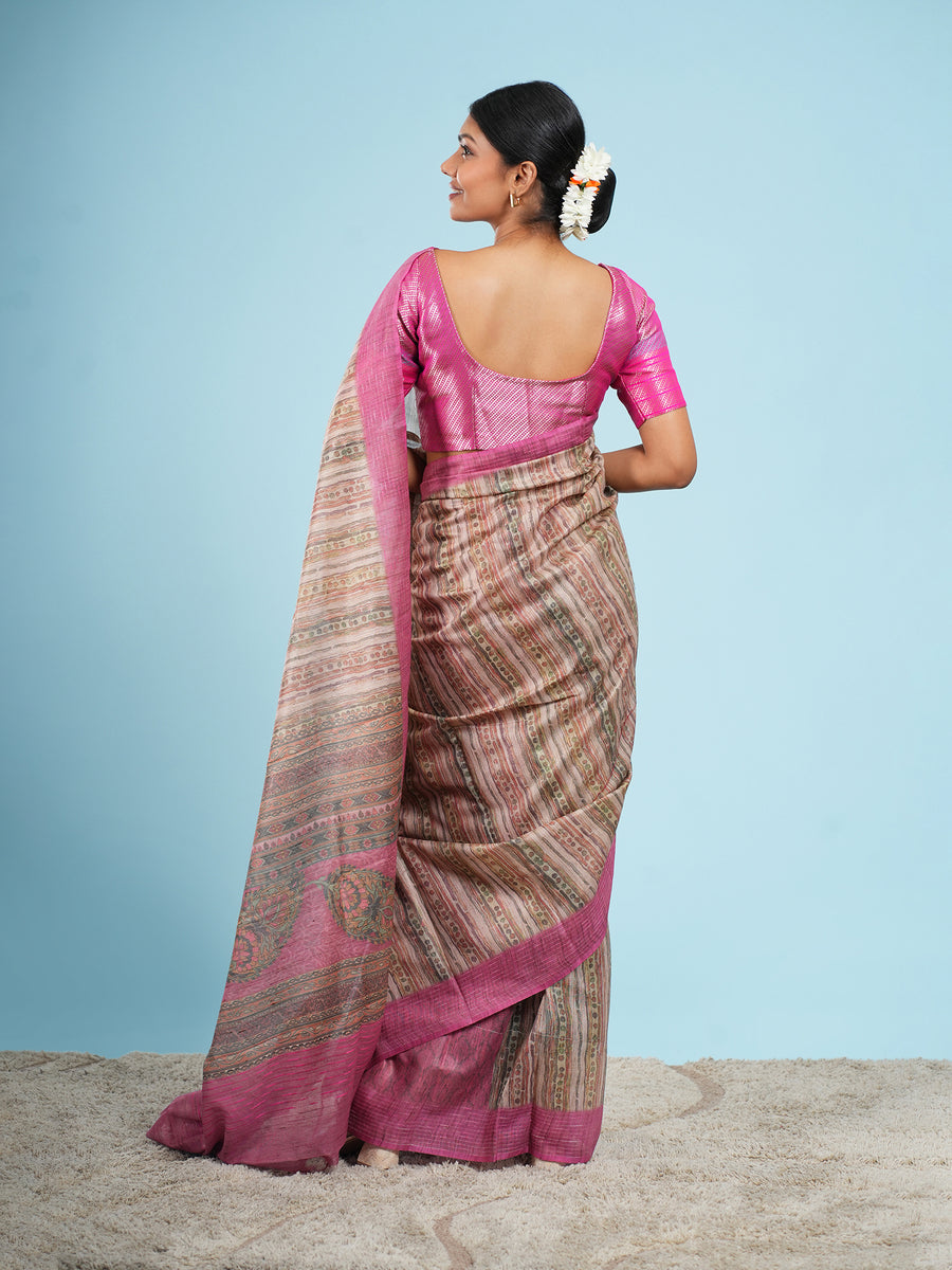 Blush striped bamboo tissue silk saree, full-length drape – Koshnika