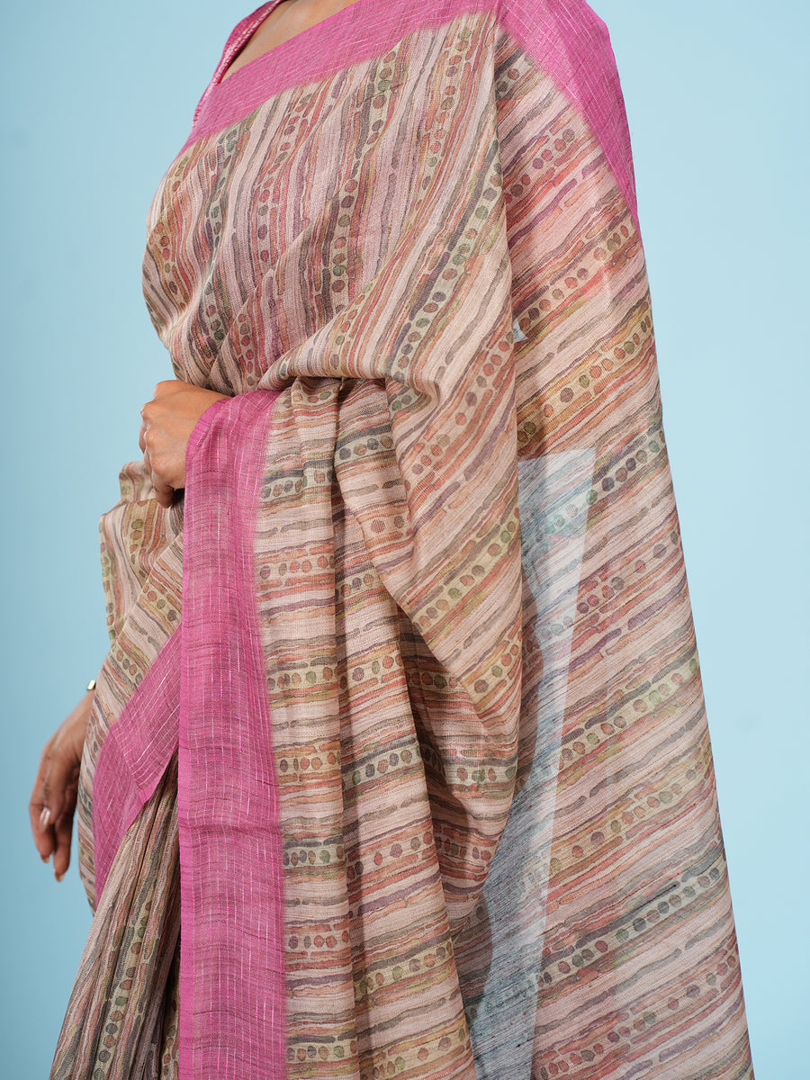 Blush striped bamboo tissue silk saree, pallu detail – Koshnika