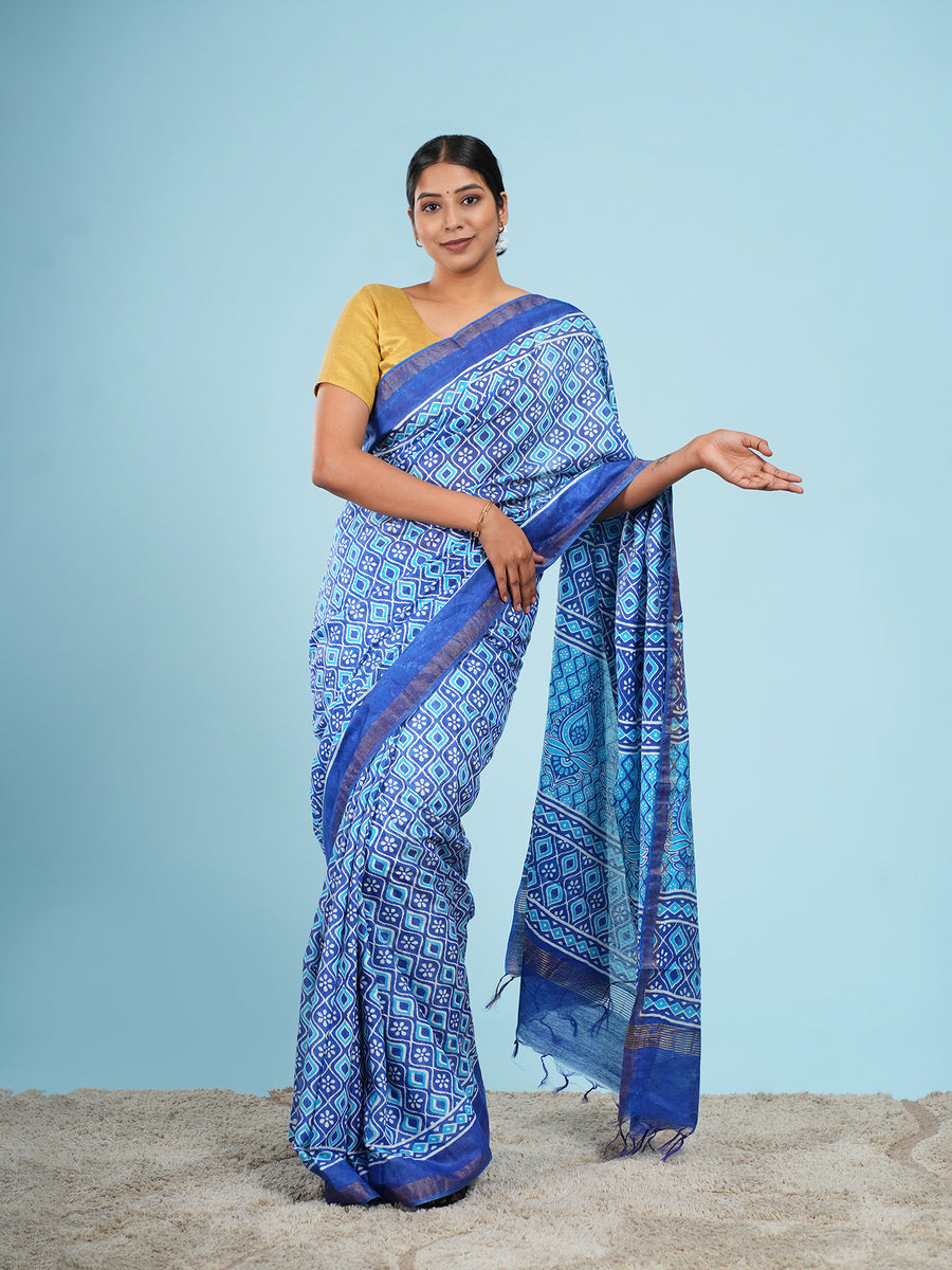 Indigo blue Vegan Silk geometric-print saree – Koshnika
