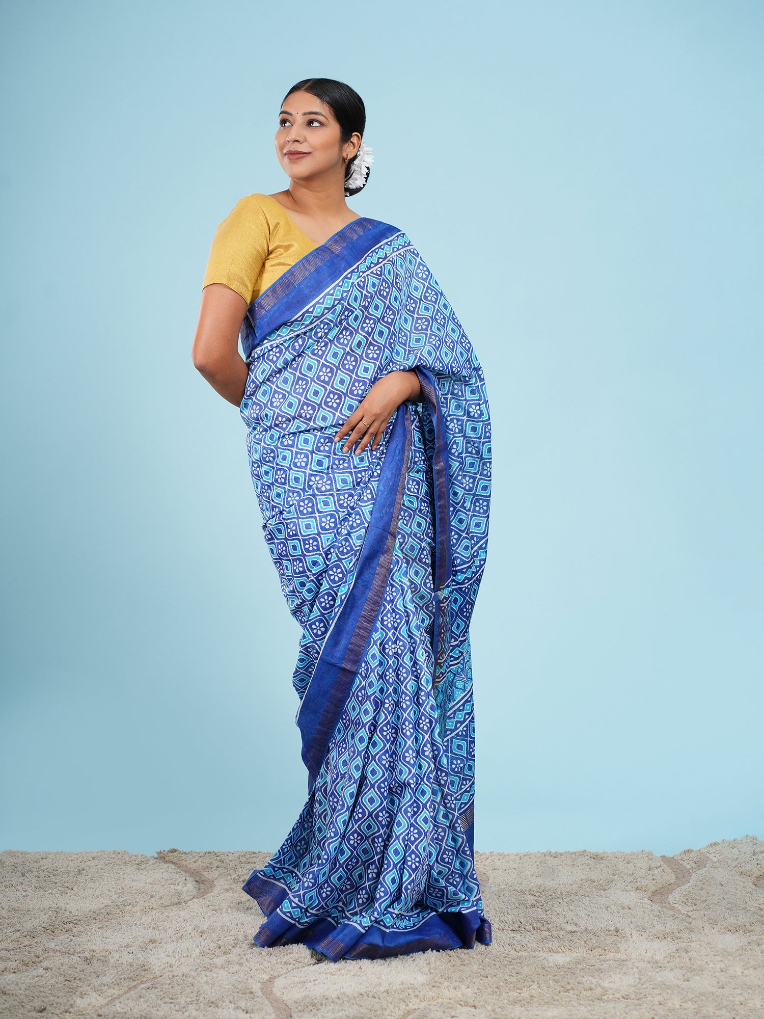 Neelambara Viscose Geometric Print Saree Indigo Blue