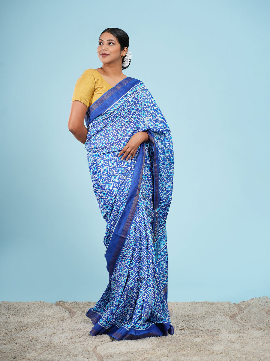 Indigo blue Vegan Silk geometric-print saree, border detail – Koshnika