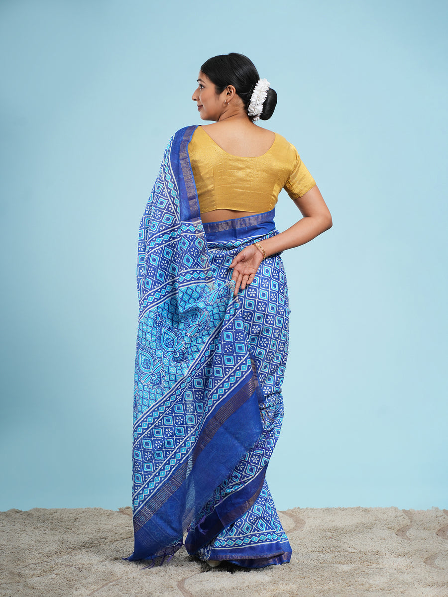 Indigo blue Vegan Silk geometric-print saree, drape and fall – Koshnika