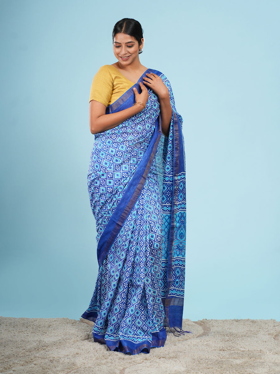 Indigo blue Vegan Silk geometric-print saree, geometric print close-up – Koshnika