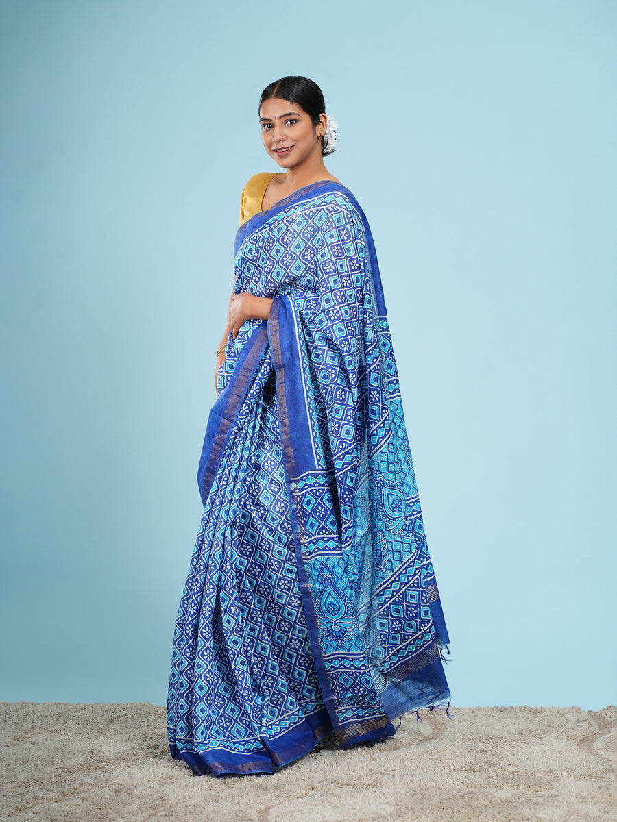 Indigo blue Vegan Silk geometric-print saree, full-length drape – Koshnika