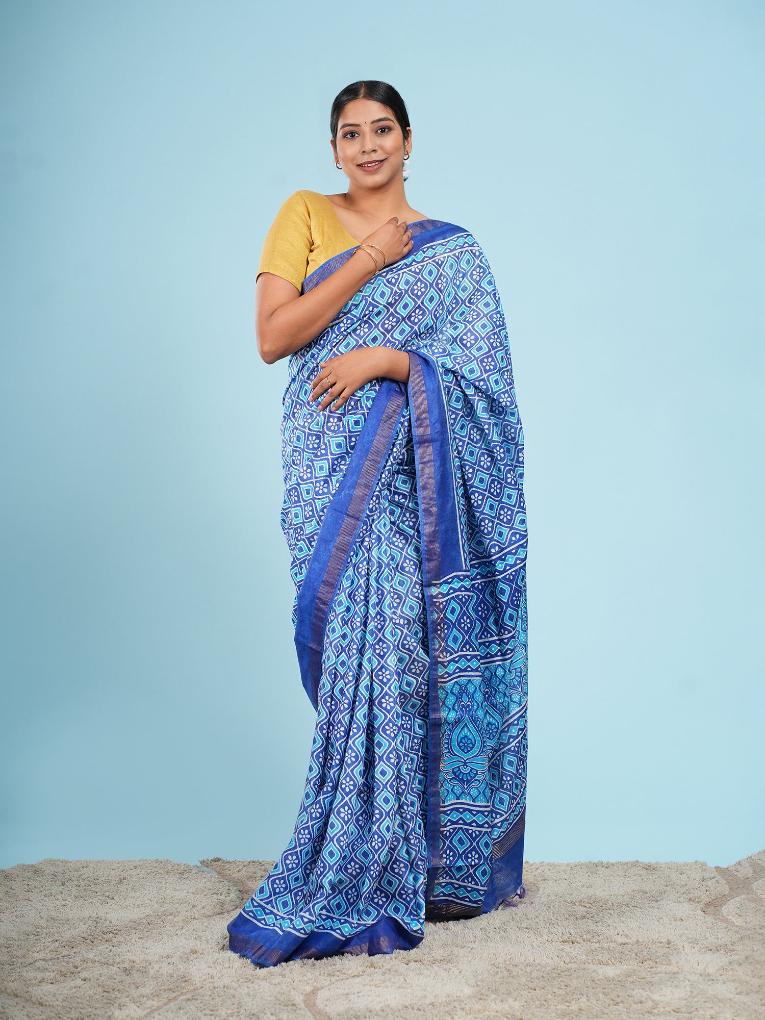 Neelambara Viscose Geometric Print Saree Indigo Blue