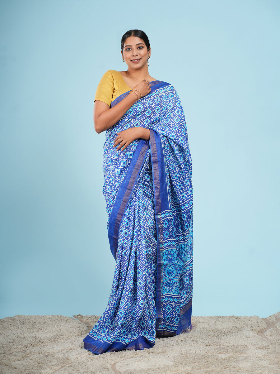 Indigo blue Vegan Silk geometric-print saree, pallu detail – Koshnika