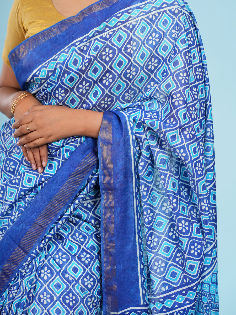 Indigo blue Vegan Silk geometric-print saree, styled view – Koshnika