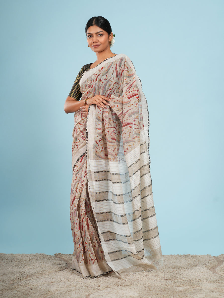 Ivory bamboo silk block-print saree – Koshnika