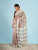 Kaveri Bamboo Silk Block Print Saree Ivory
