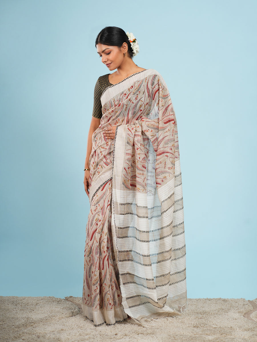 Ivory bamboo silk block-print saree, border detail – Koshnika
