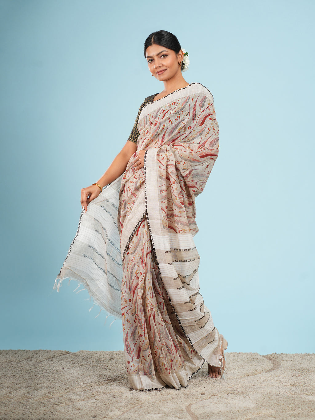 Kaveri Bamboo Silk Block Print Saree Ivory